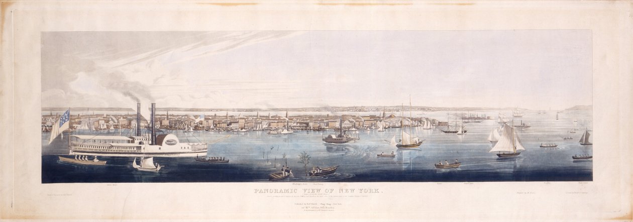 Panoramautsikt over New York, tatt fra nord [Hudson] River, 1844 (håndfarget etsning og akvatint, femte stat) av Robert the Younger Havell