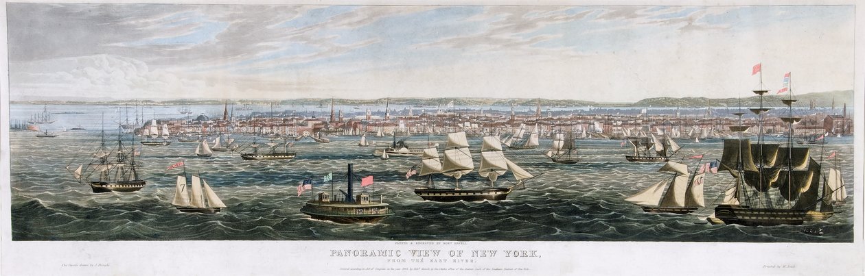Panoramautsikt over New York, fra East River, pub. 1844 (farge litho) av Robert the Younger Havell