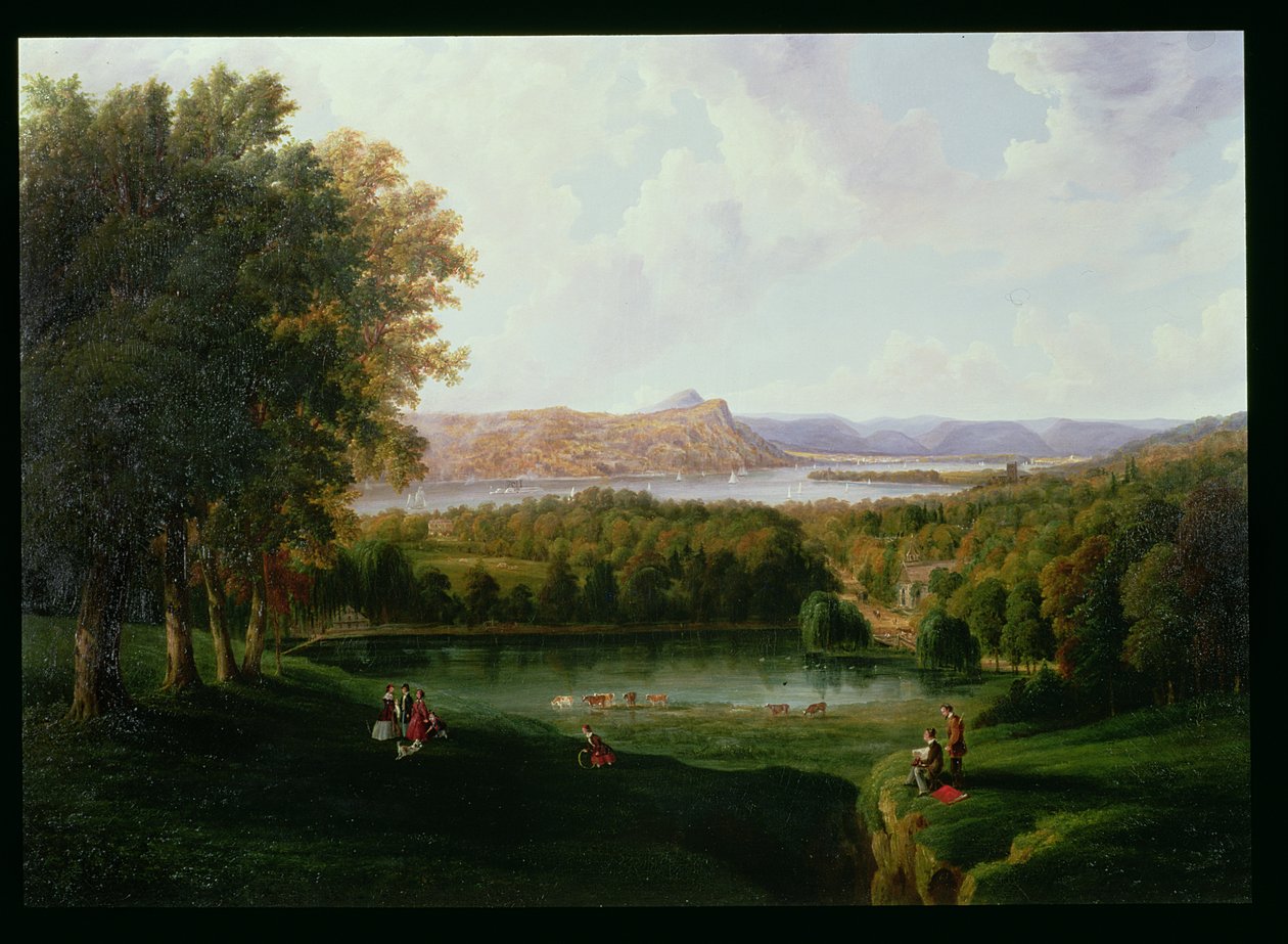 Utsikt fra Tarrytown av Hudson River Old Dutch Church og Beckham Manor, 1866 av Robert the Younger Havell