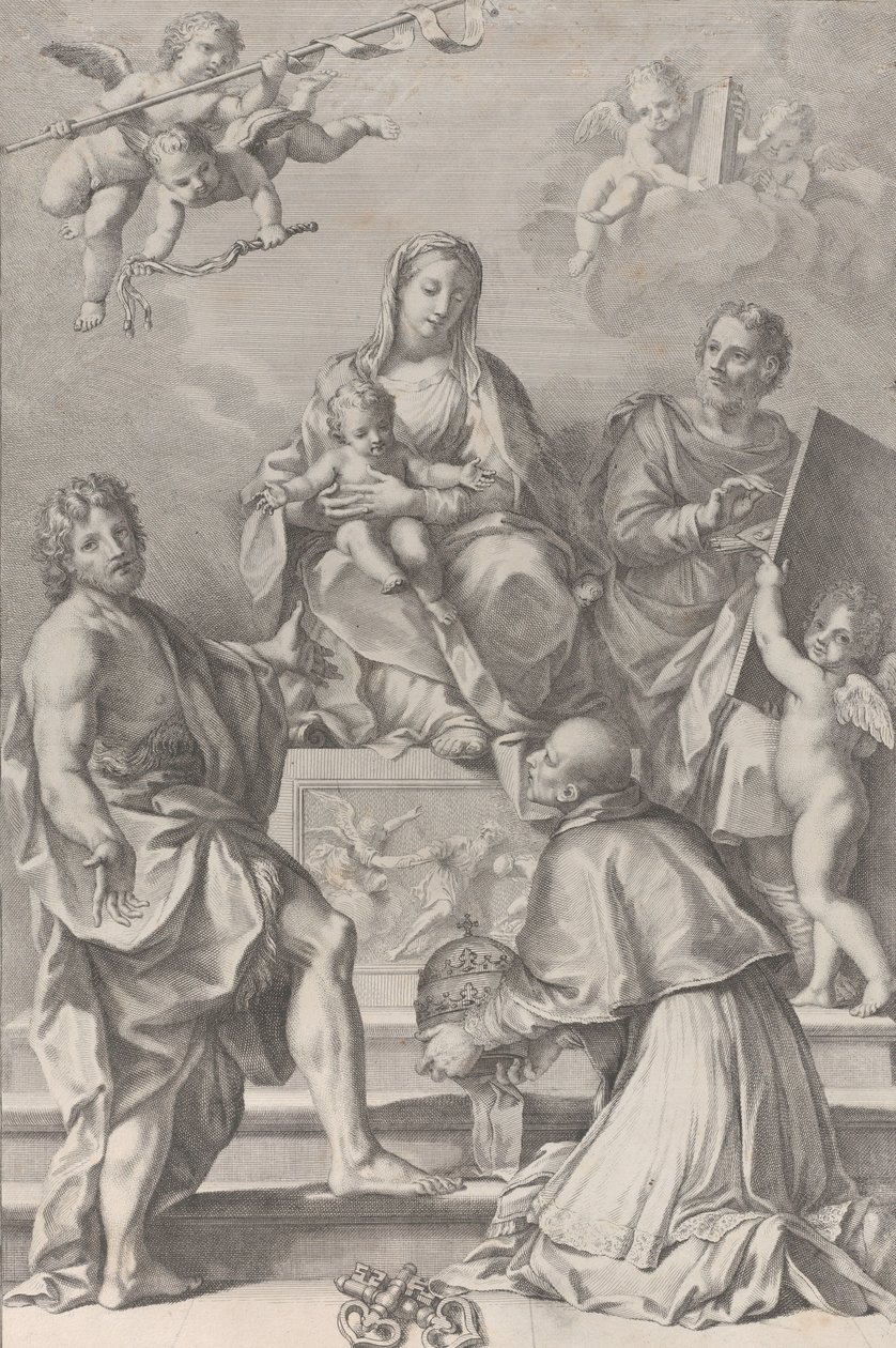Madonna og barnet i sentrum med døperen Johannes, Lukas, pave Peter Celestini,..., 1694. av Robert van Audenaerde