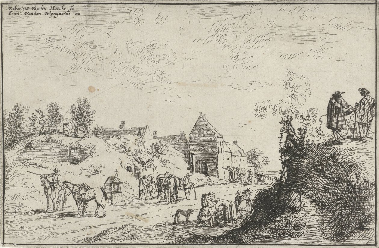 Mange figurer på en sti nær en landsby av Robert van den Hoecke