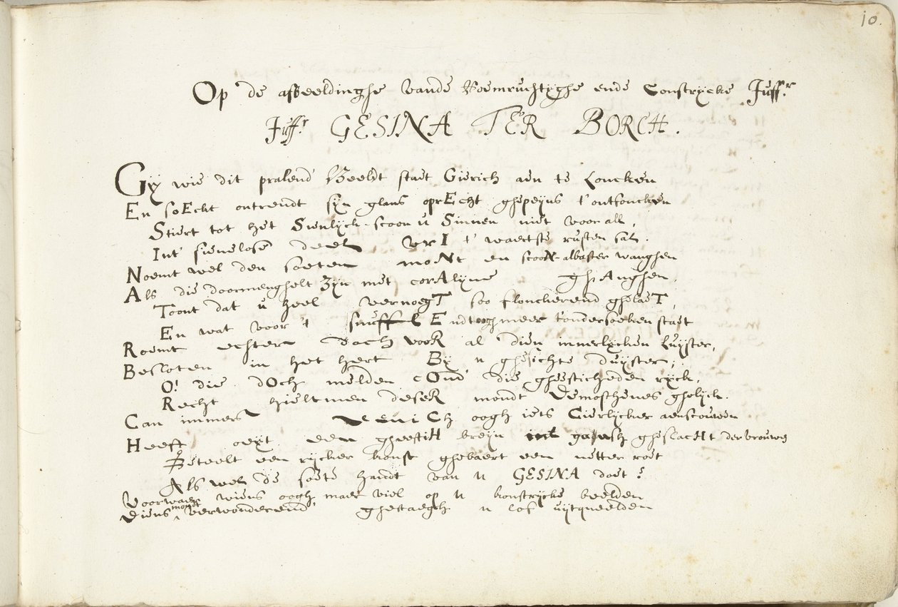 Dikt om Gesina ter Borch (del én) På bildet av den berømte og iøynefallende Juffr./ Juffr. Gesina Ter Borch (tittel på objekt) av Robertus Altius (signed by artist)