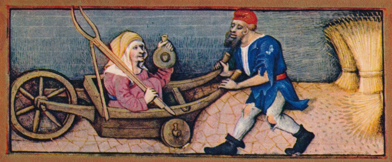 August - gammel kvinne i trillebår, 1400-tallet, 1939. av Robinet Testard