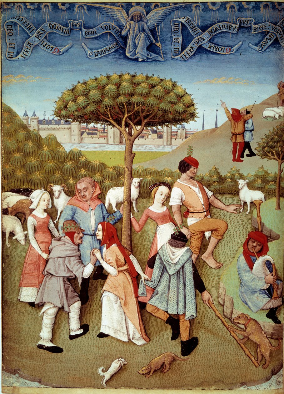 Champetredans Kunngjøringen til gjeterne. Miniatyr hentet fra "" Book of Hours av Charles d