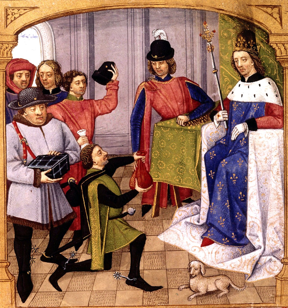 Fransk slektning Philip V (1293-1322) mottar skatt, belysning av Robinet Testard fra "Grandes Chroniques de France" 1471 av Robinet Testard