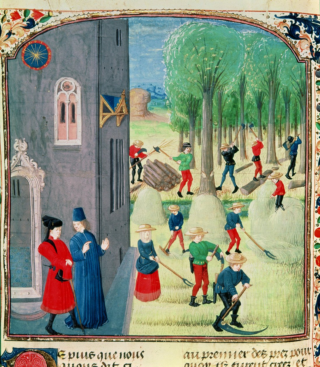 Ms. Lat 1173 Høskjæring og treskjæring, fra Charles d'Angoulemes timer, ca. 1480 av Robinet Testard