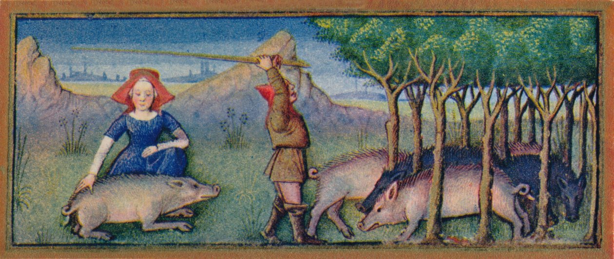 Oktober - mating av griser på eikenøtter, 1400-tallet, 1939. av Robinet Testard