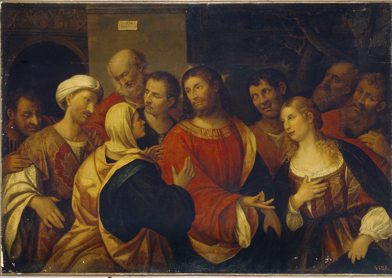 Kristus i huset til Marta og Maria. (Kristus i huset til Martha og Maria). Søstrene Marthe og Marie de Bethanie ønsker Jesus og hans disipler velkommen. Maleri av Rocco Marconi (cirka 1490-1529), olje på lerret. Italiensk kunst (Venezia) av Rocco Marconi
