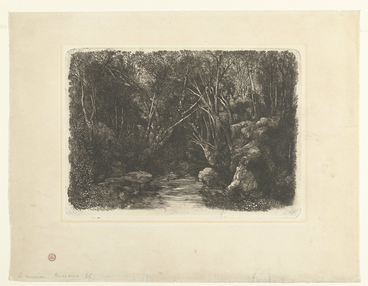 Skoglandskap med bekk og overhengende trær Le Ruisseau sous bois av Rodolphe Bresdin
