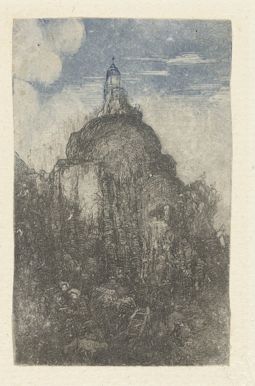 Bygger på en stein og hviler gjetere med sauer ved foten av berget Le Phare Chapelle alpestre av Rodolphe Bresdin