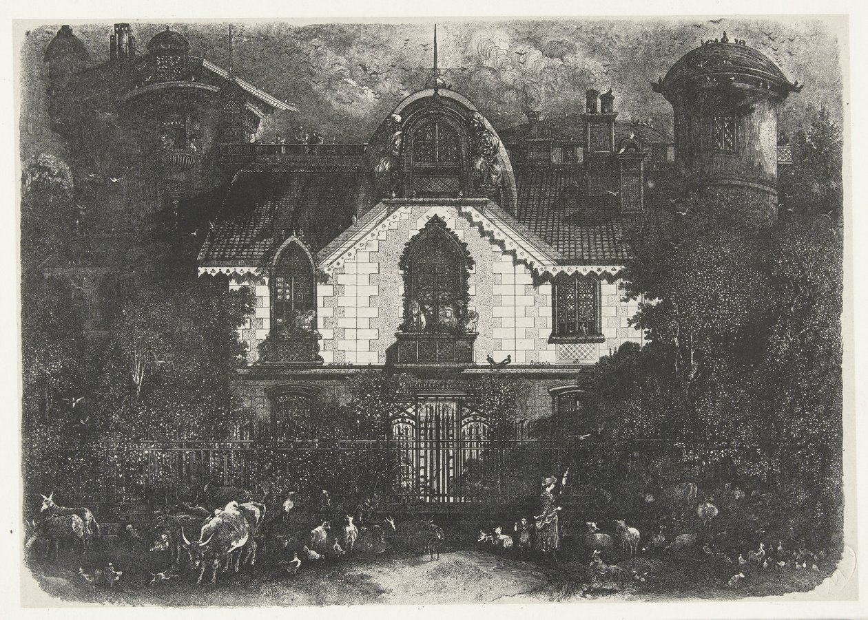 Hus med tårn bak et gjerde og gjeterinne med storfe La maison enchantee av Rodolphe Bresdin
