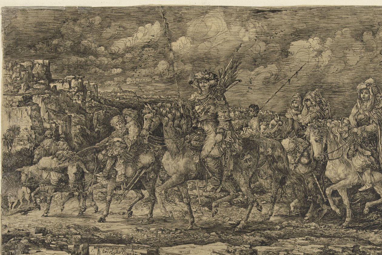 Hunking med konene sine omgitt av tjenere og storfe, ridende gjennom et landskap av Rodolphe Bresdin