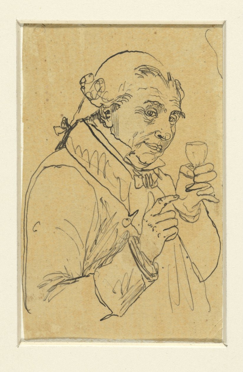 Alter Herr im 18. Jahrhundert Kostüm, in der linken Hand ein Glas Wein erhebend av Rodolphe Bresdin