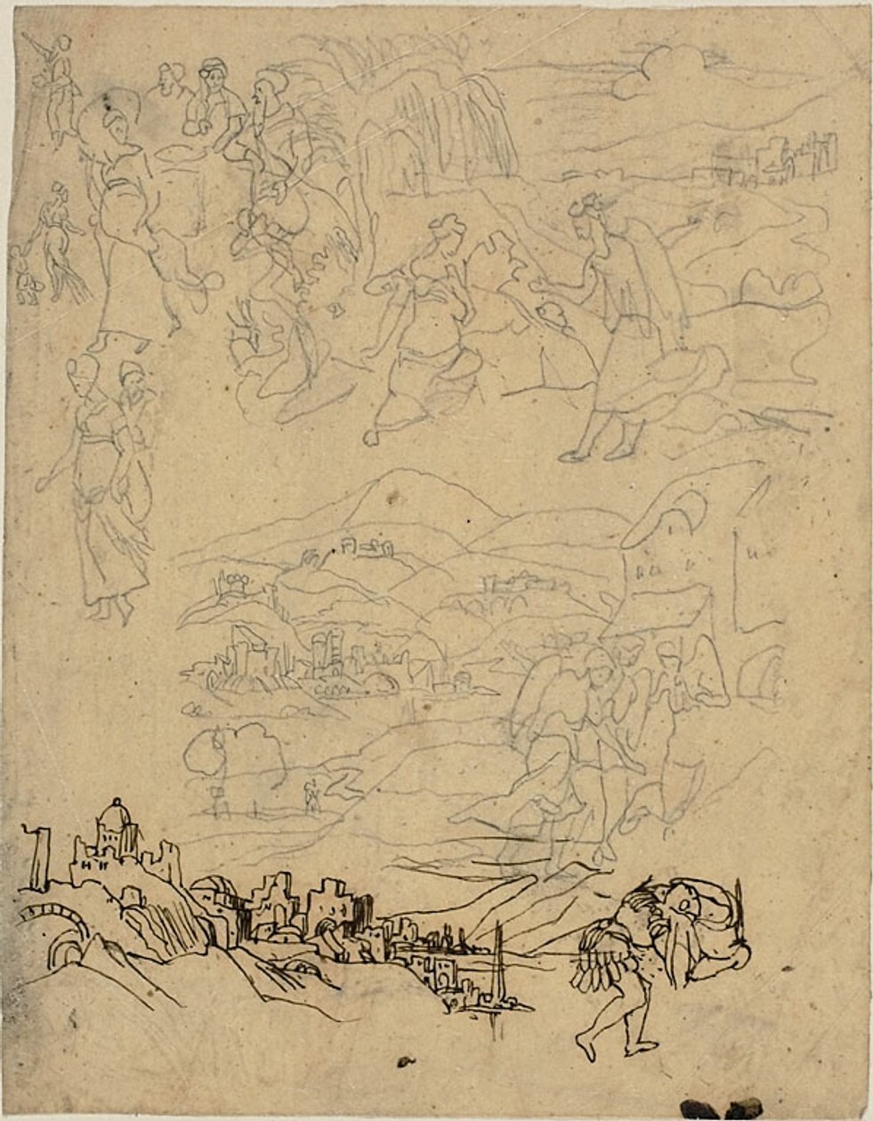 Skisser av bibelske scener, by ved innsjø, fjellandsby, kriger av Rodolphe Bresdin