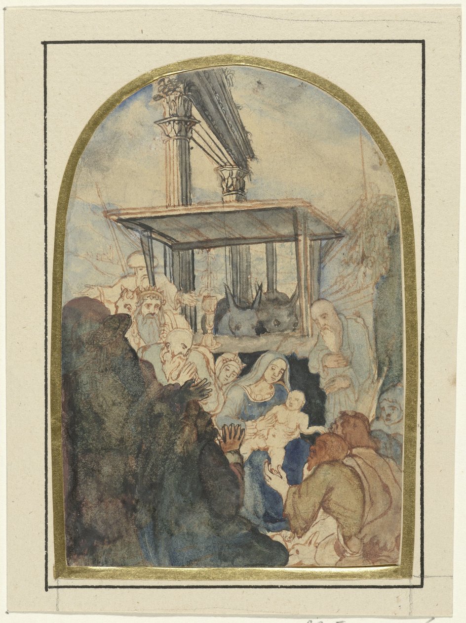 Studie for an Adoration of the Magi, i bakgrunnen en ruin med to korintiske søyler av Rodolphe Bresdin