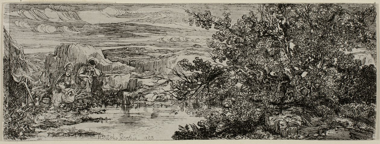 Den hellige familie ved siden av et basseng av Rodolphe Bresdin