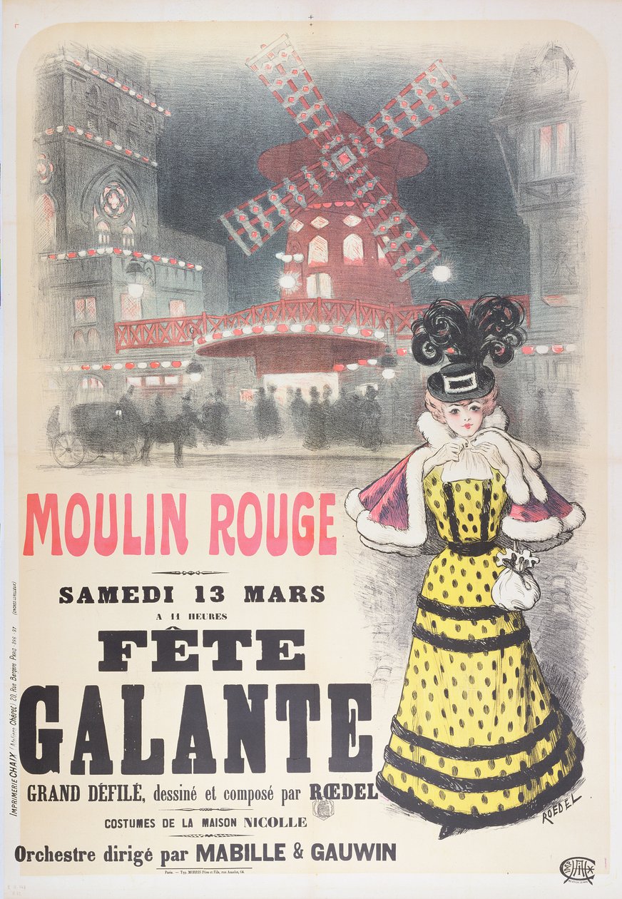 Plakat som annonserer en "Fete Galante" på Moulin Rouge, Montmartre, Paris. slutten av 1800-tallet av Roedel