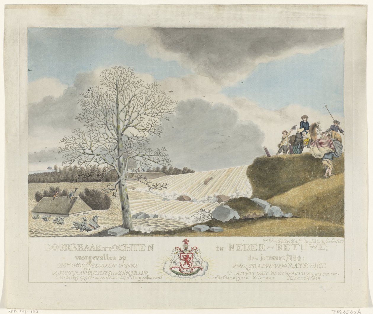 Gjennombrudd på Ochten, 1784 Gjennombrudd på Ochten i Nedre Betuwe; skjedde 1. desember: mars 1784 (tittel på objekt) av Roeland van Eynden