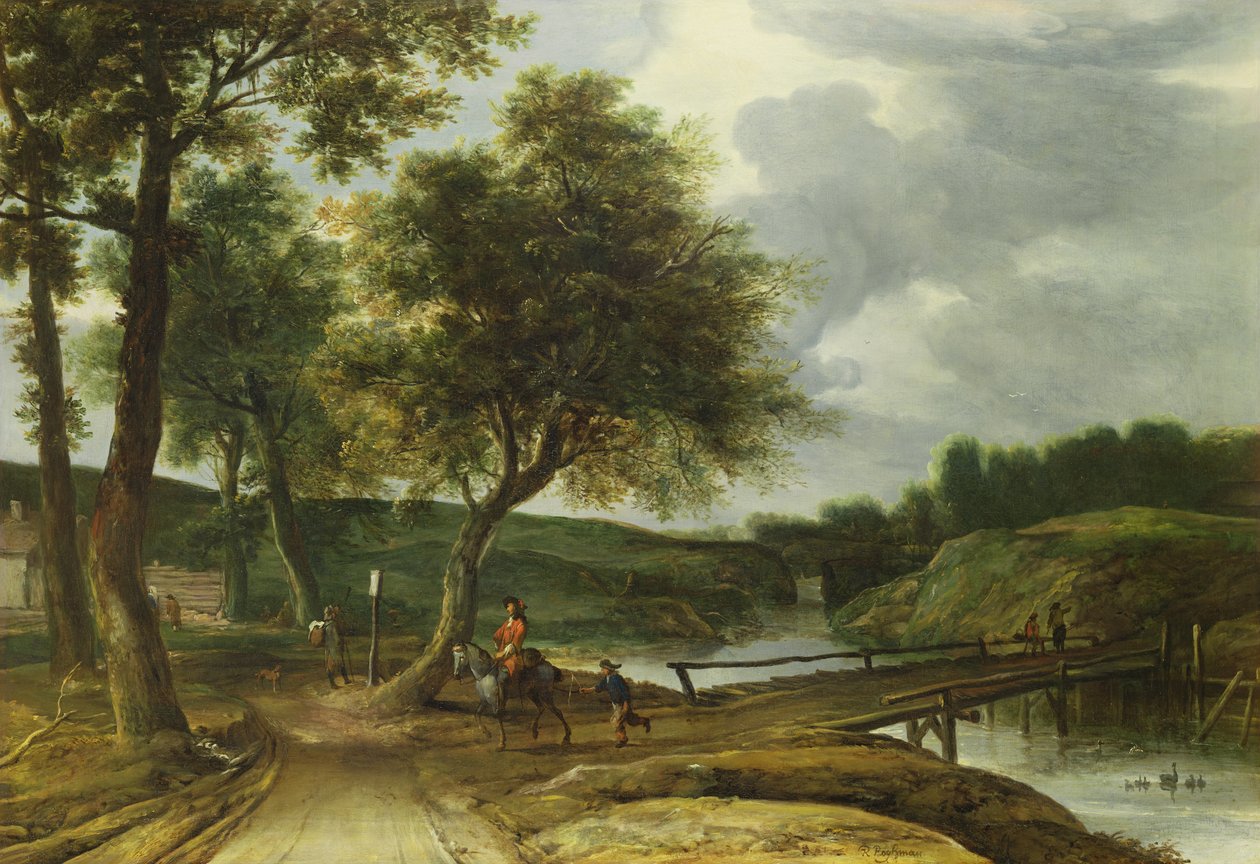 Et skogkledd elvelandskap av Roelandt Roghman