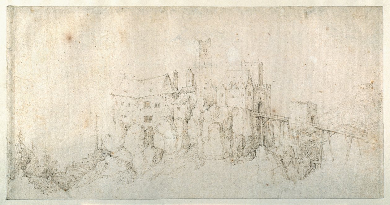 Et slott på en stein (penn og brunt blekk på papir) av Roelandt Jacobsz. Savery