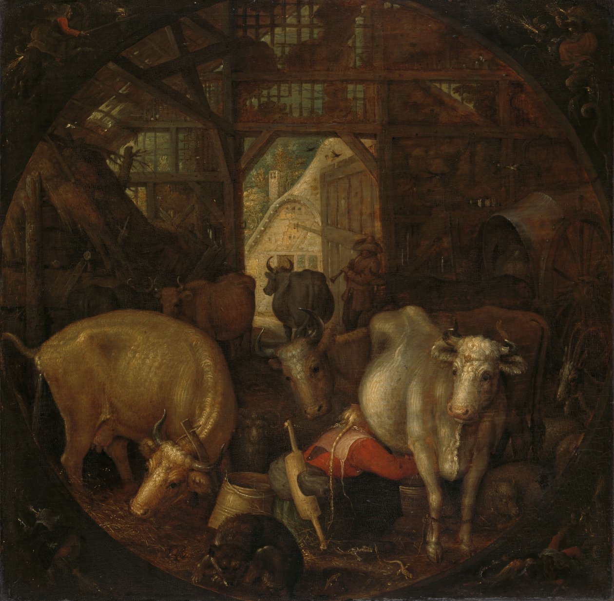 Kyr i en stall; Hekser i de fire hjørner av Roelandt Jacobsz. Savery