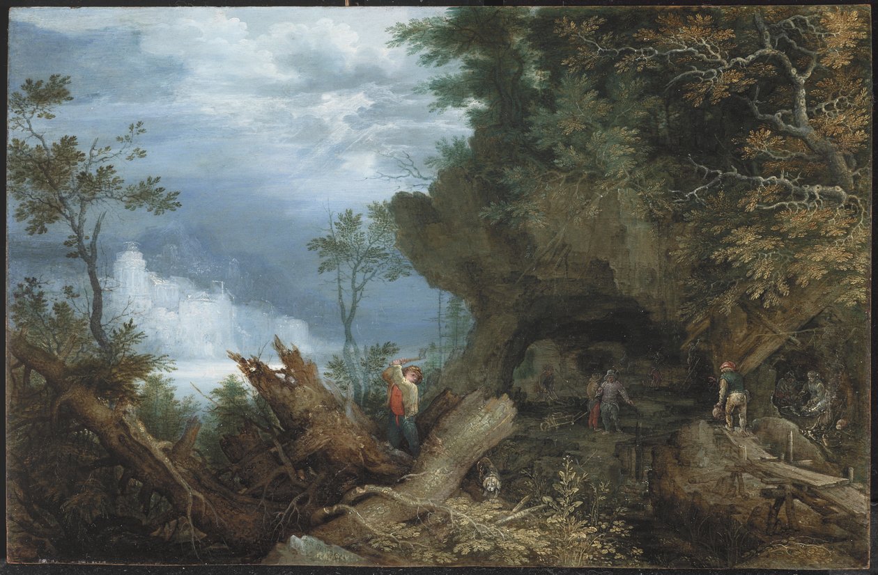 Fjelllandskap med inngang til en gruve, ca. 1612-13 (olje på bøkpanel) av Roelandt Jacobsz. Savery