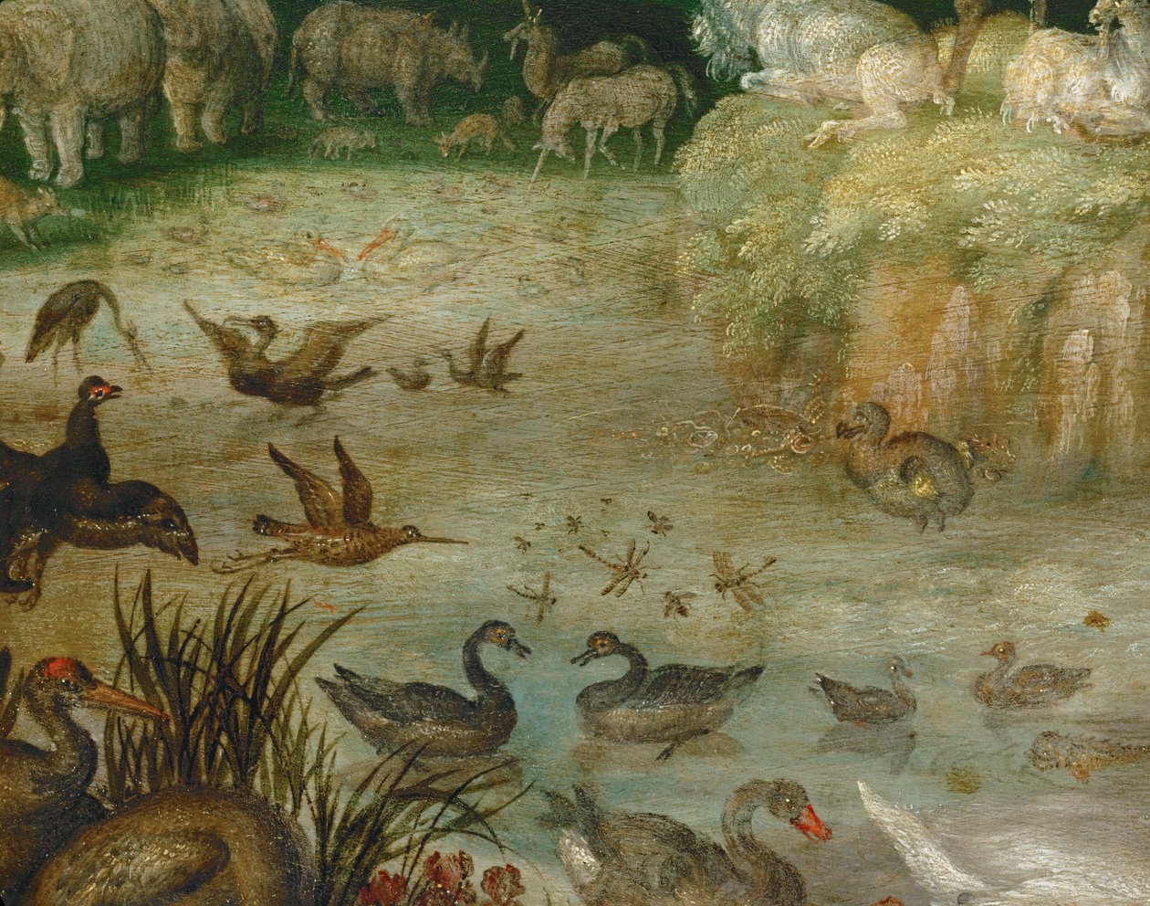 Dammen. Dyr som drikker, ender som svømmer, en enhjørning i bakgrunnen (maleri på lerret) av Roelandt Jacobsz. Savery