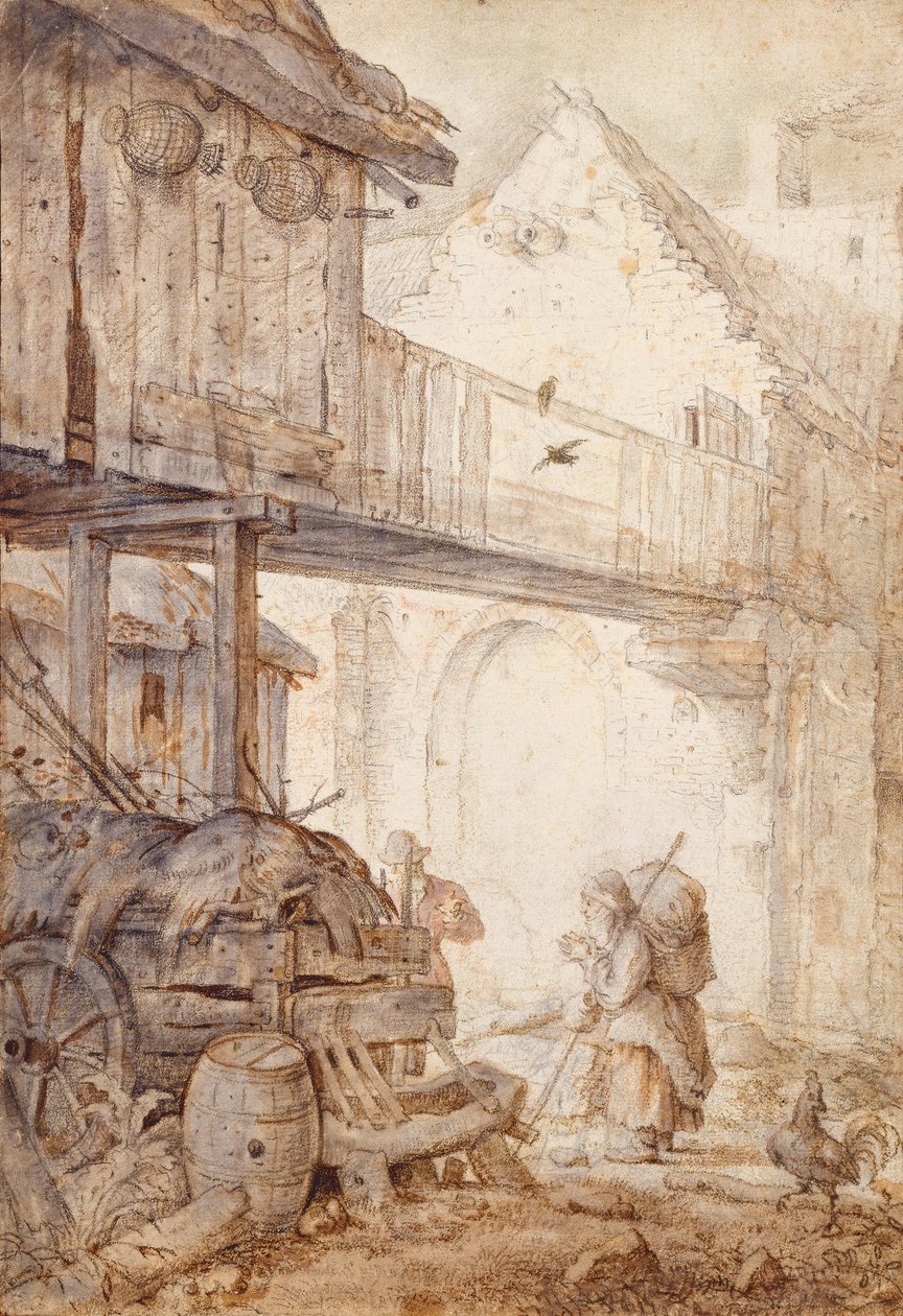 Forladt gårdsplass med en tiggerkvinne, ca. 1608 av Roelant Saverij