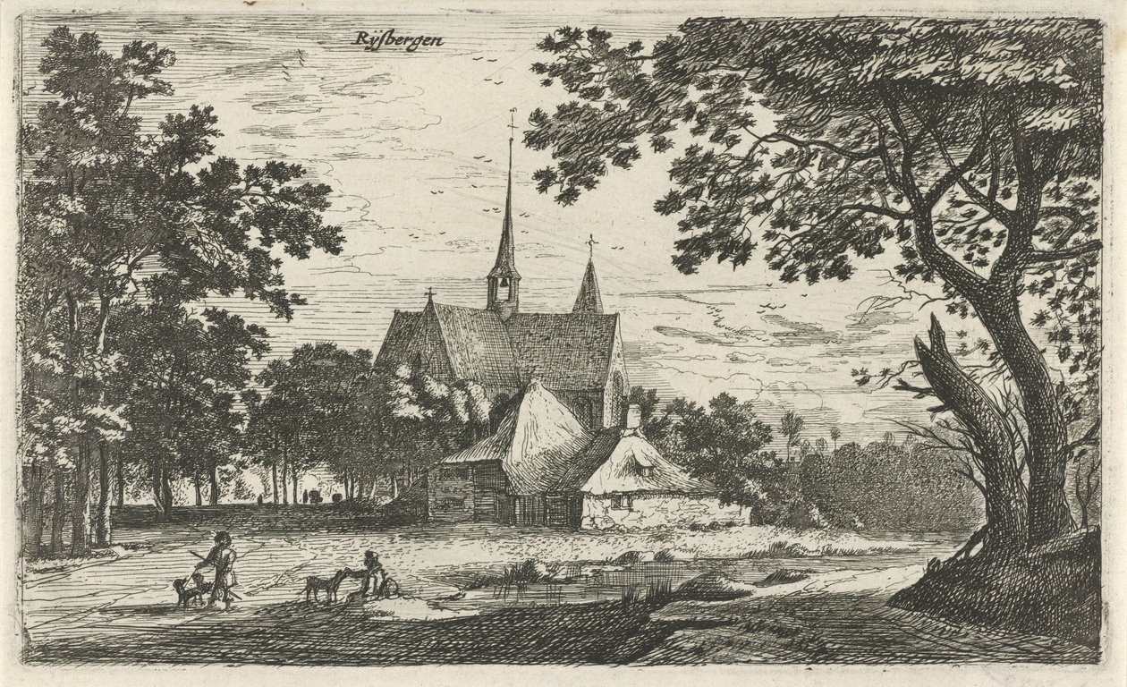 Utsikt over St. Willibrord-kirken i Klein-Zundert Rysbergen (tittel på objekt) Landsbyscener i Nord-Nederland (serietittel) av Roelant Roghman