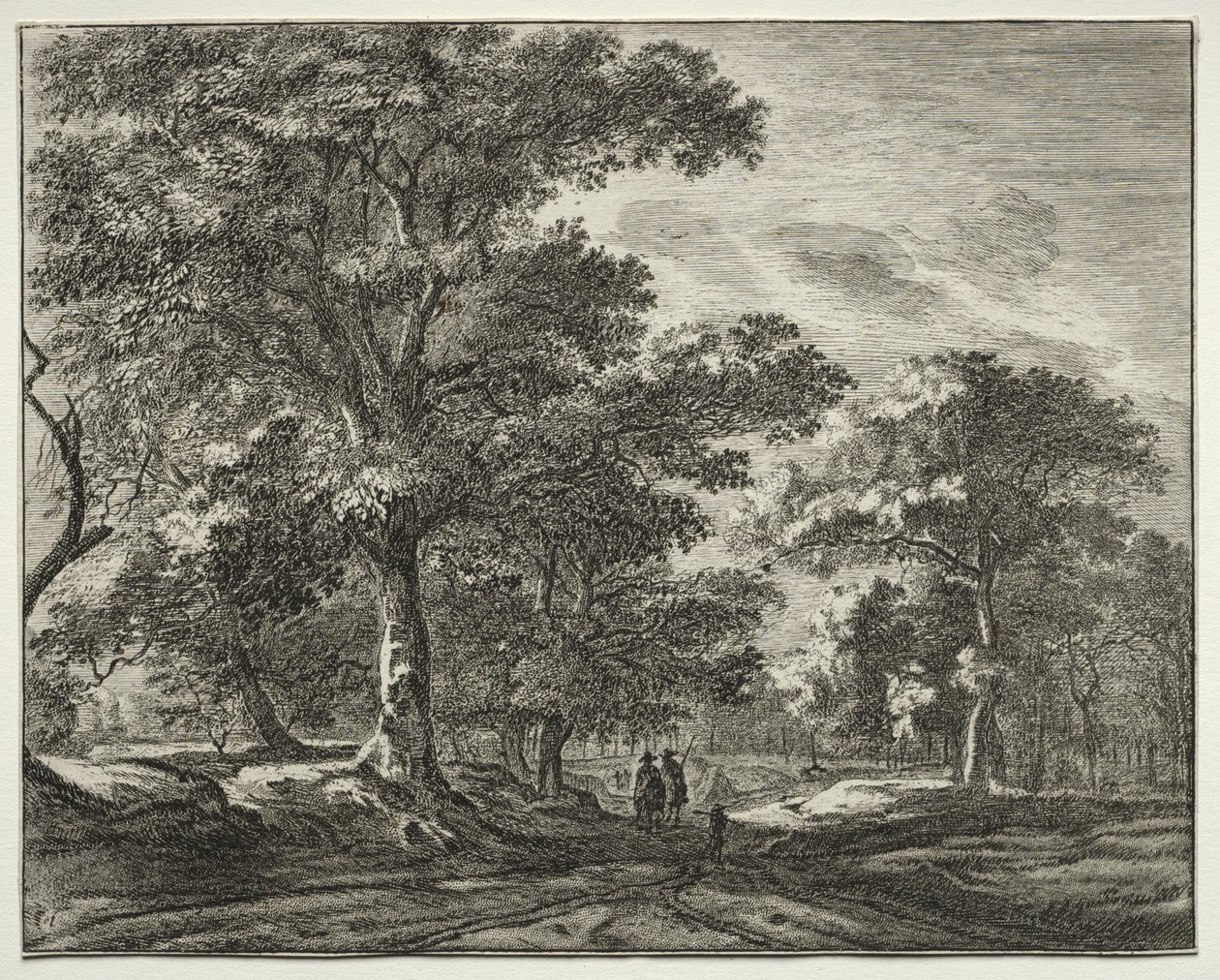 Seks utsikter i skogen i Haag: Plate 1, to menn foran en jeger av Roelant Roghman