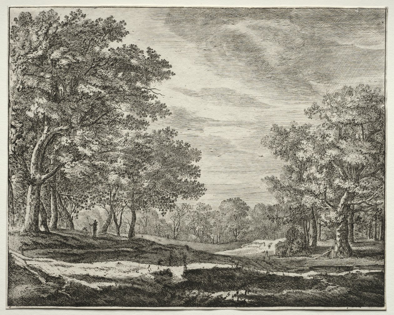 Seks utsikter i skogen i Haag: Plate 5, En mann med en stav i hånden av Roelant Roghman