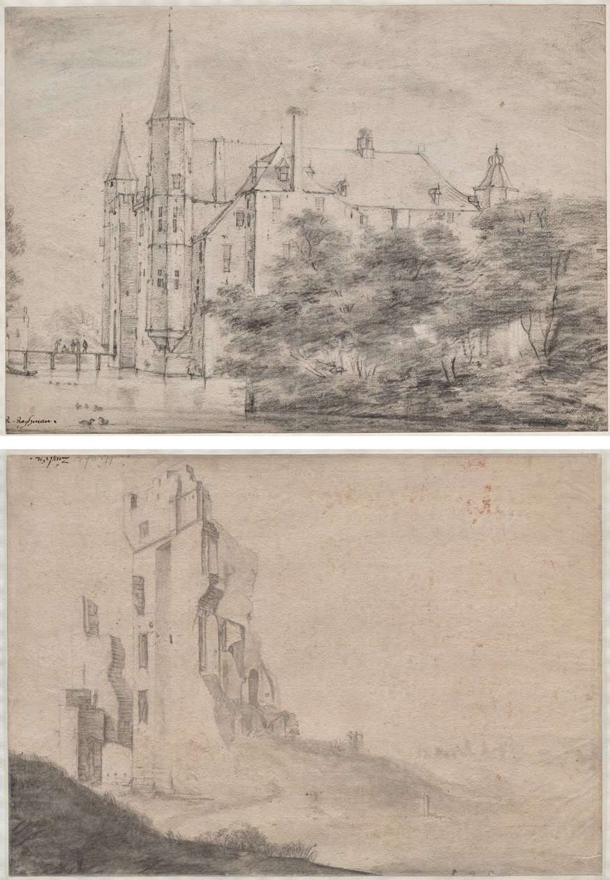 Zuylen Castle nær Utrecht (recto)/Ruin av huset Ter Kleef nær Haarlem (verso) av Roelant Roghman