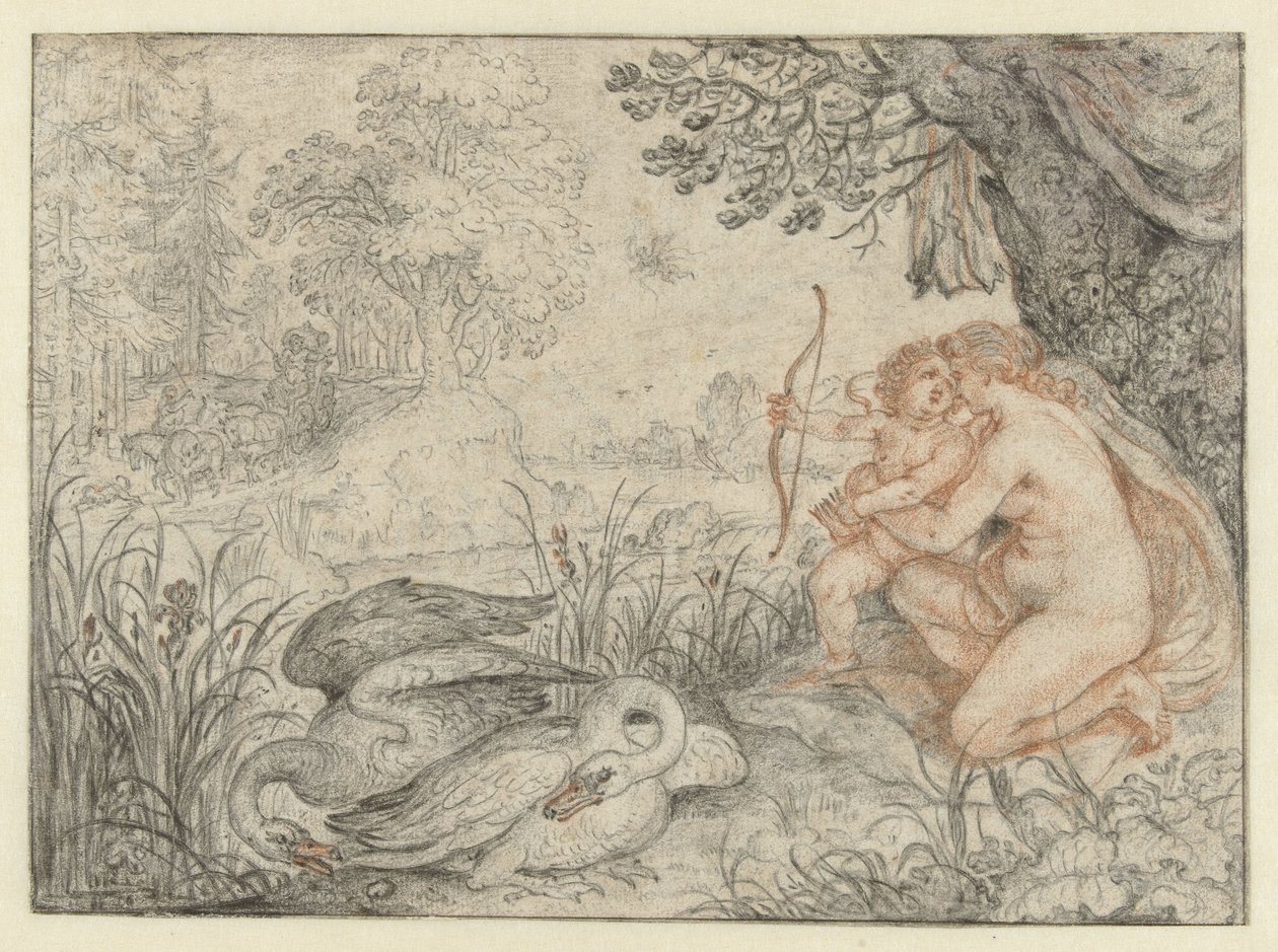Venus oppfordrer Amor til å skyte pilen sin mot Pluto Venus ber Cupid om å skyte pilene sine mot Pluto av Roelant Savery
