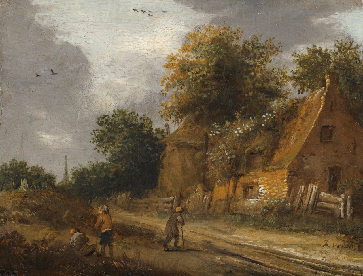 Tre skikkelser som passerer langs en vei før en hytte av Roelof Jansz van Vries