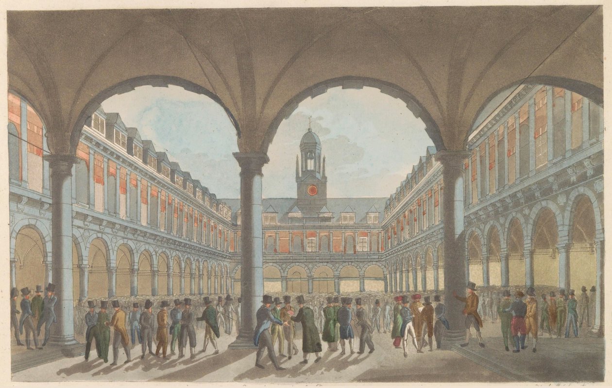 Børs i Amsterdam, ca. 1825 The Beurs in Amsterdam / La Bourse à Amsterdam (tittel på objekt) av Roelof van der Meulen