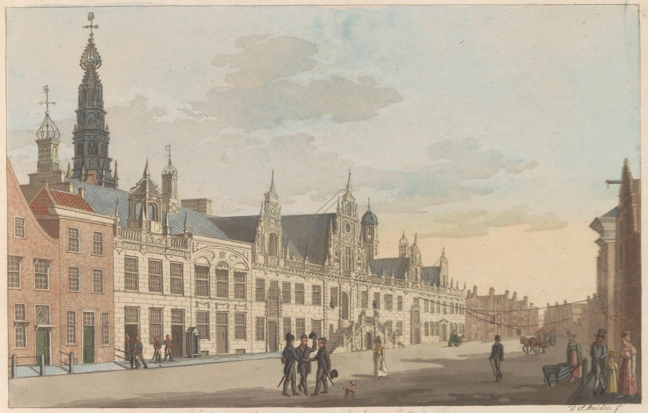 Breestraat i Leiden, ca. 1825 Utsikt over Breestraat og rådhuset i Leyden / Vue Sur la rue dite Breestraat et l