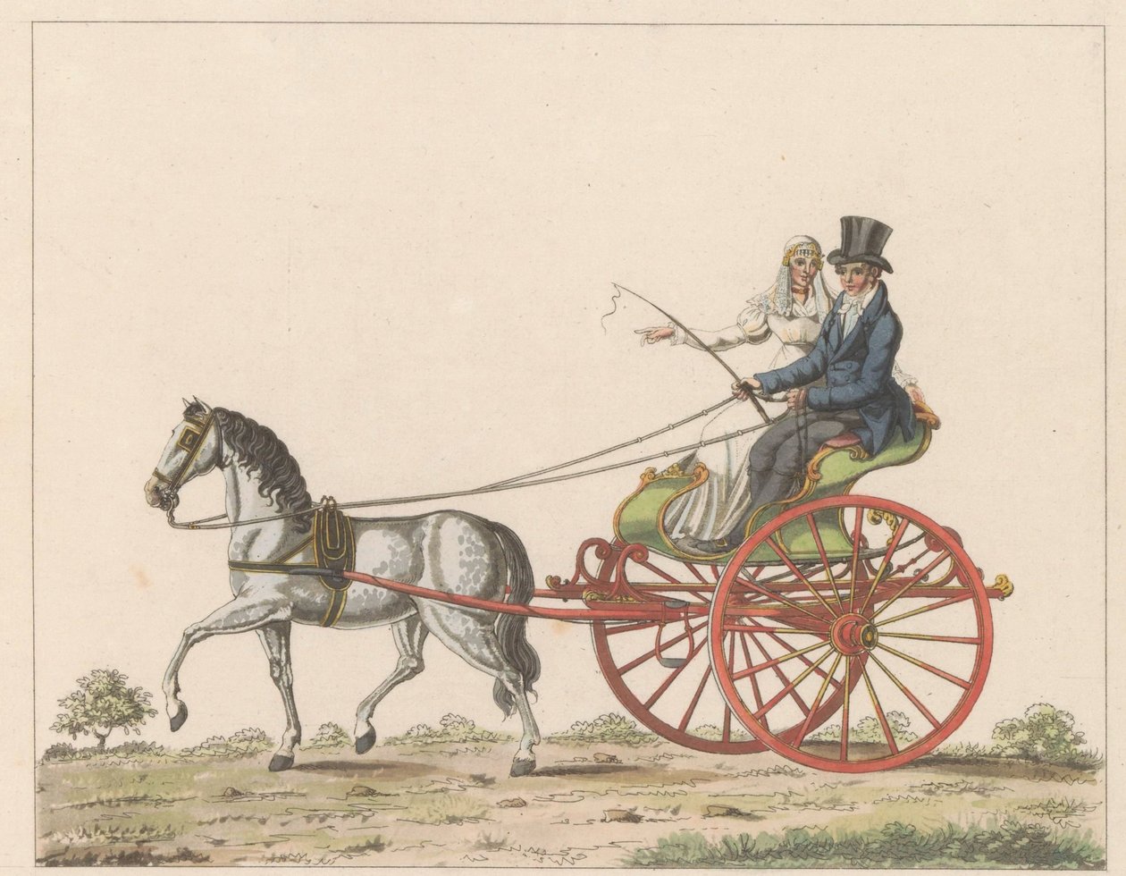 Hollandse sjees, ca. 1825 Een Hollandsche chais / En rullestol i bruk i Holland og kjent som en chais eller chees (tittel på objekt) av Roelof van der Meulen