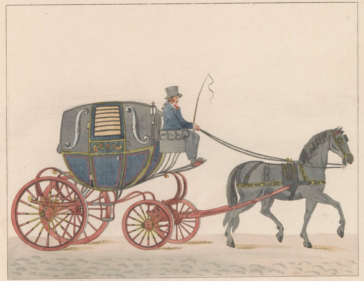 Hestevogn i Amsterdam, ca. 1825 En Amsterdamsche Huurkoetsje eller moped / Un Fiacre de Louage en bruk i Amsterdam A ij connu sous la nom de Brommertje (tittel på objekt) av Roelof van der Meulen