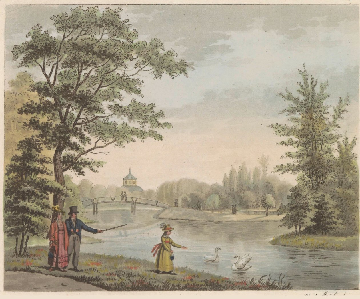 Hage ved Huis ten Bosch, ca. 1825 Utsikt over den sveitsiske broen og Vijver, nær huset i Bosch i s