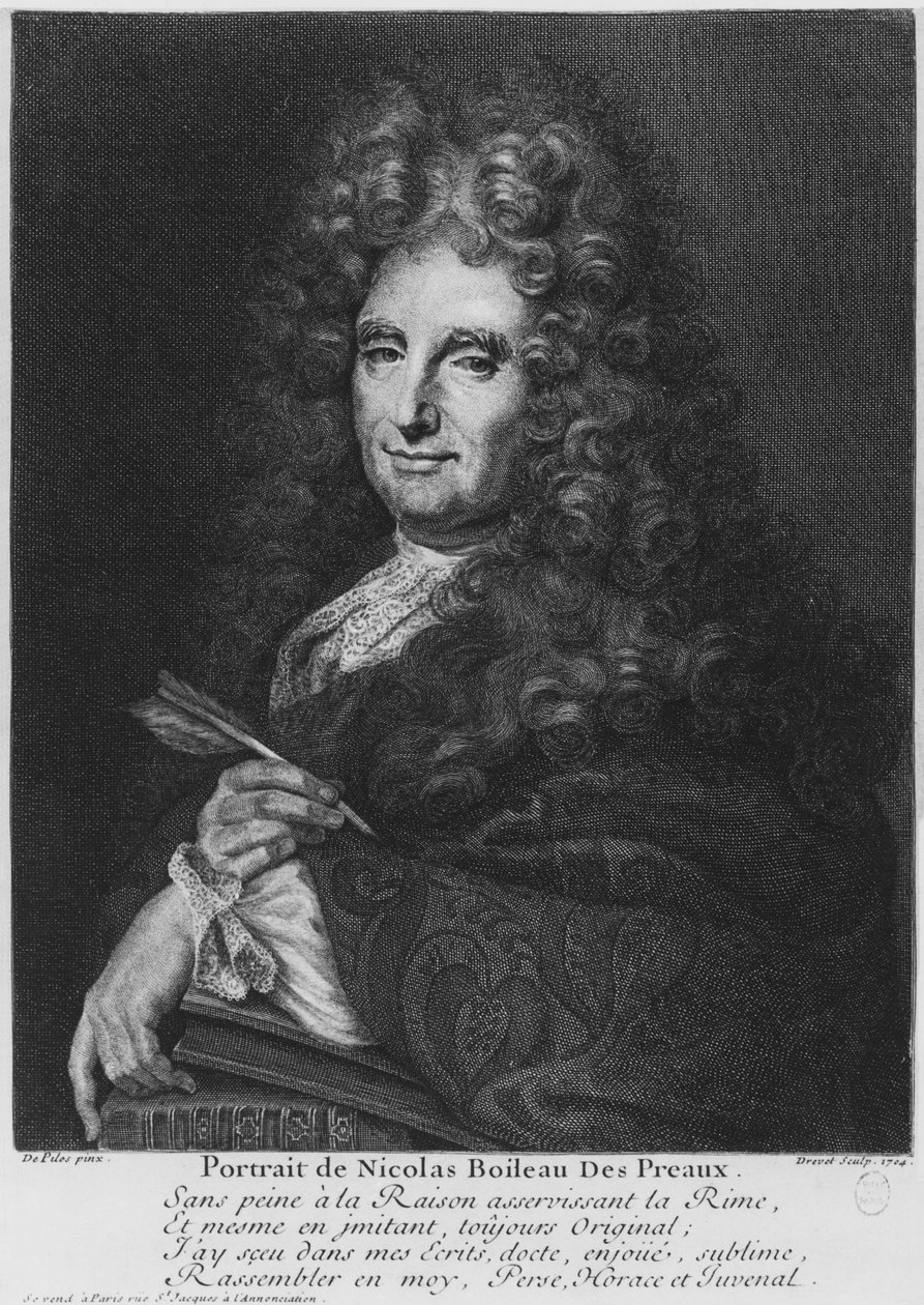 Portrett av Nicolas Boileau, kjent som Boileau-Despreaux, gravert av Pierre Drevet (1663-38) 1704 av Roger de Piles