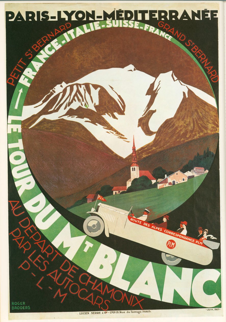 Roger Broders: Tour du Mont Blanc fra Chamonix av Autocars P … (litografi) av Roger Broders