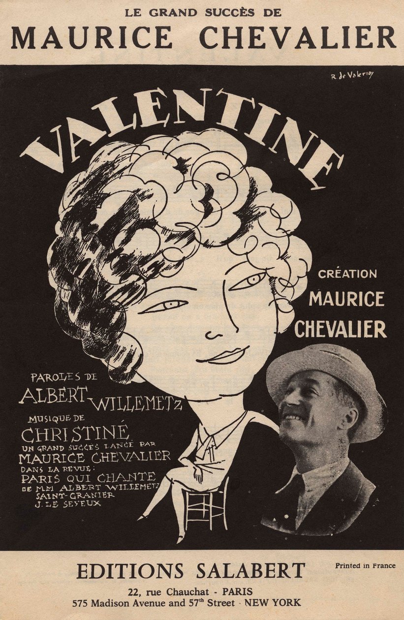 Omslag til partituret til Maurice Chevaliers store suksess «Valentine», tekst av Albert Willemetz, musikk av Christine editions Salabert, ca. 1925 (trykk) av Roger de Valerio