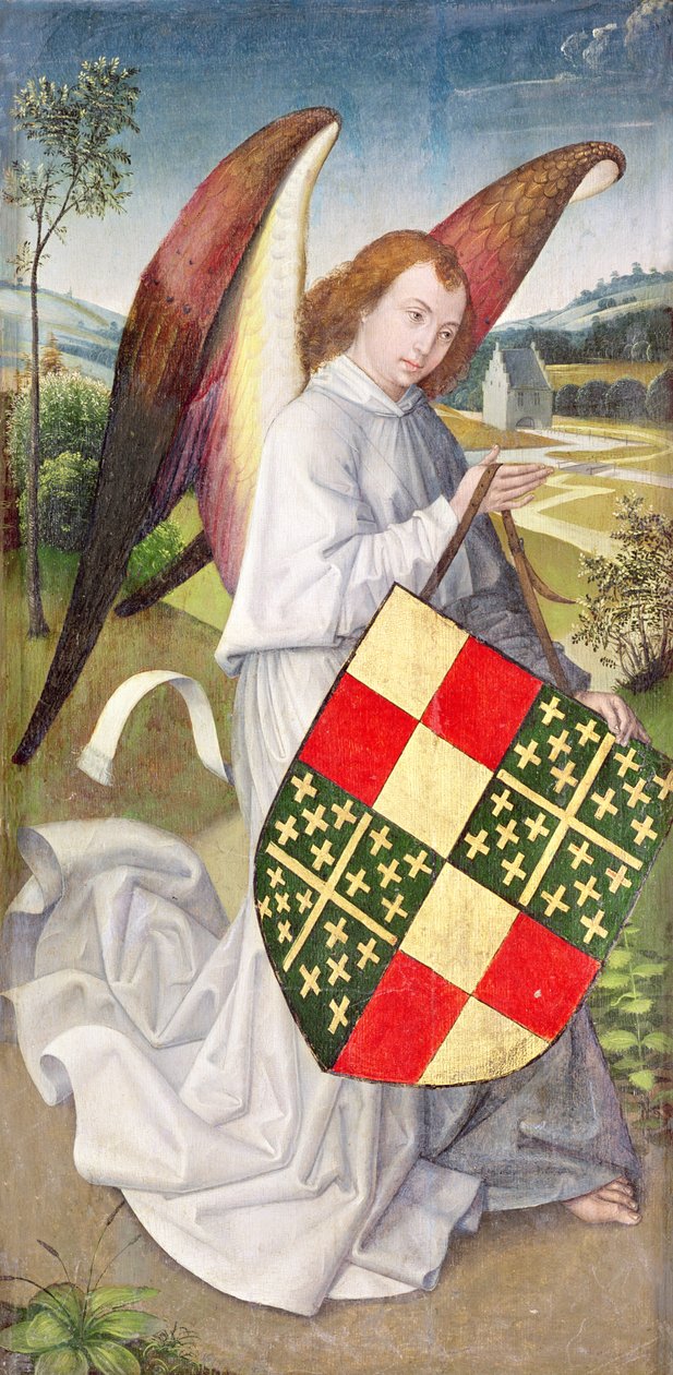 Engel som holder et skjold prydet med de heraldiske armene til de Chaugy og Montagu armene, 1460-66 av Rogier van der Weyden