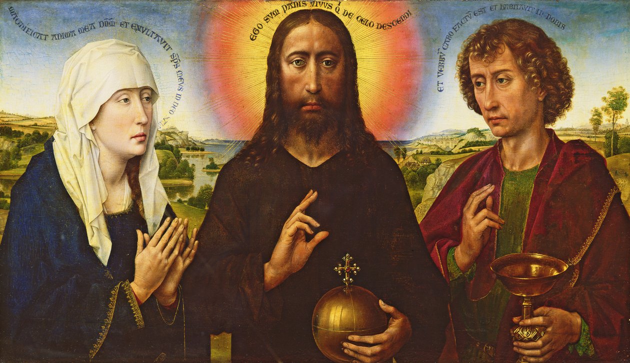Kristus forløseren med jomfruen og St. Johannes evangelisten, sentralpanel fra Triptych of the Braque Family av Rogier van der Weyden
