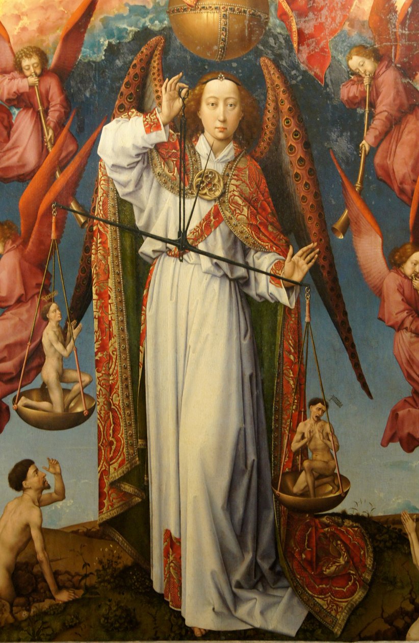 Nærbilde av erkeengelen Saint Michael som veier sjeler, altertavle av den siste dommen av Rogier van der Weyden