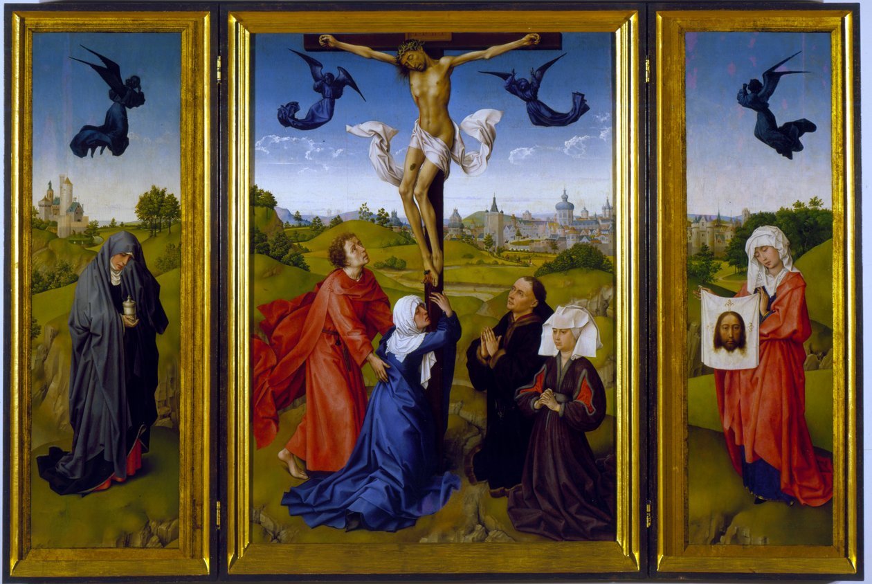 Korsfestelsestriptyk med St. Maria Magdalena, St. Veronica og ukjente beskyttere, ca. 1440-45 av Rogier van der Weyden