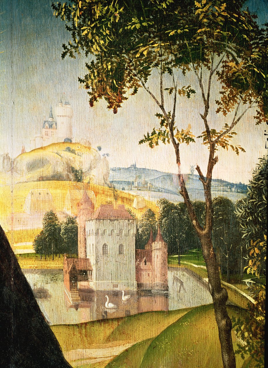 Landskap med slott i en vollgrav og to svaner, 1460-66 (detalj av 344036) av Rogier van der Weyden