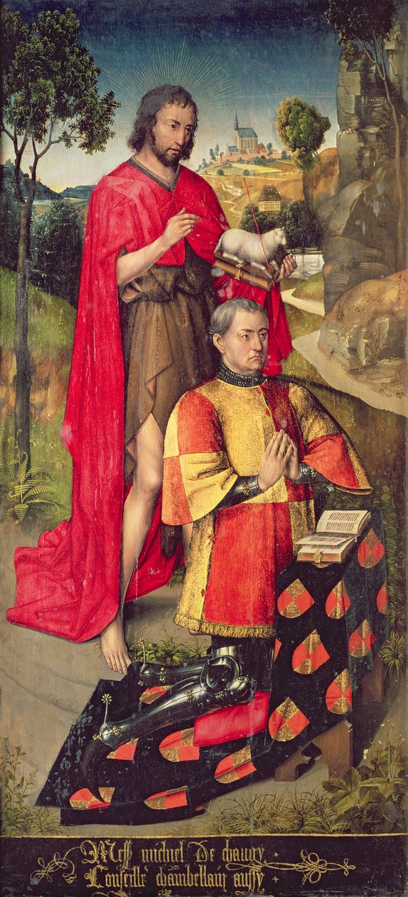 Venstre panel, fra hovedalterpolyptyken, som viser Jean de Chaugy, far til giveren av altertavlen, 1460-66 av Rogier van der Weyden