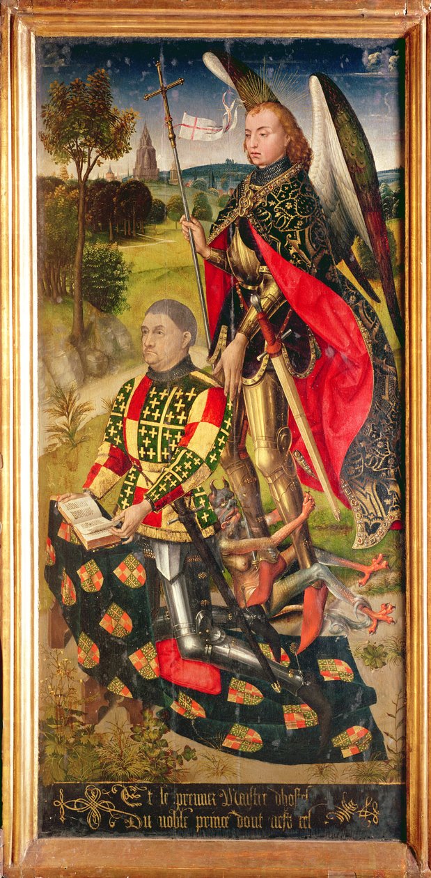 Høyre panel, fra hovedalterpolyptyken, som viser giveren av altertavlen, Michel de Chaugy, 1460-66 av Rogier van der Weyden