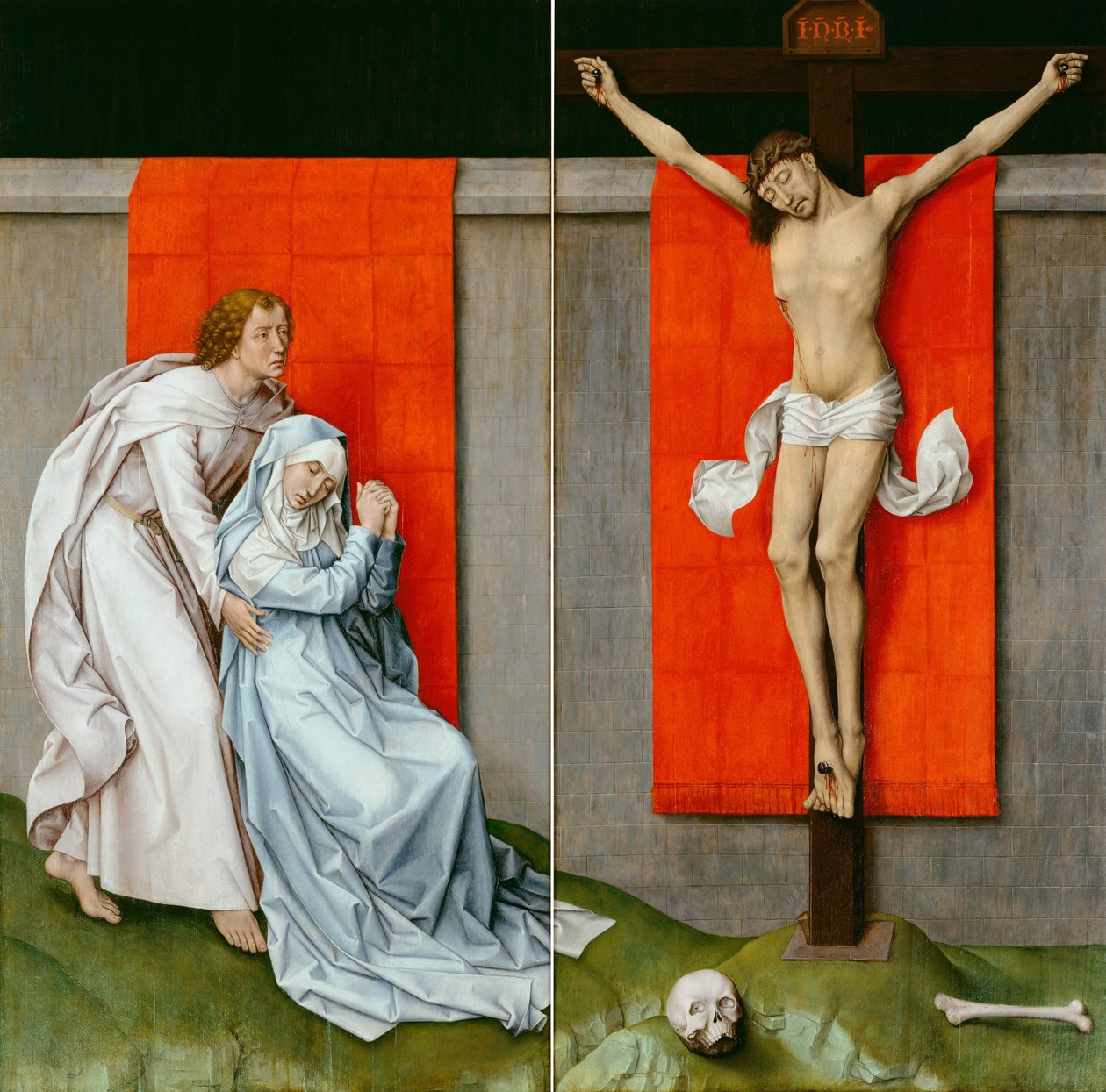 Korsfestelsen, med jomfruen og den hellige Johannes evangelisten sørger av Rogier van der Weyden